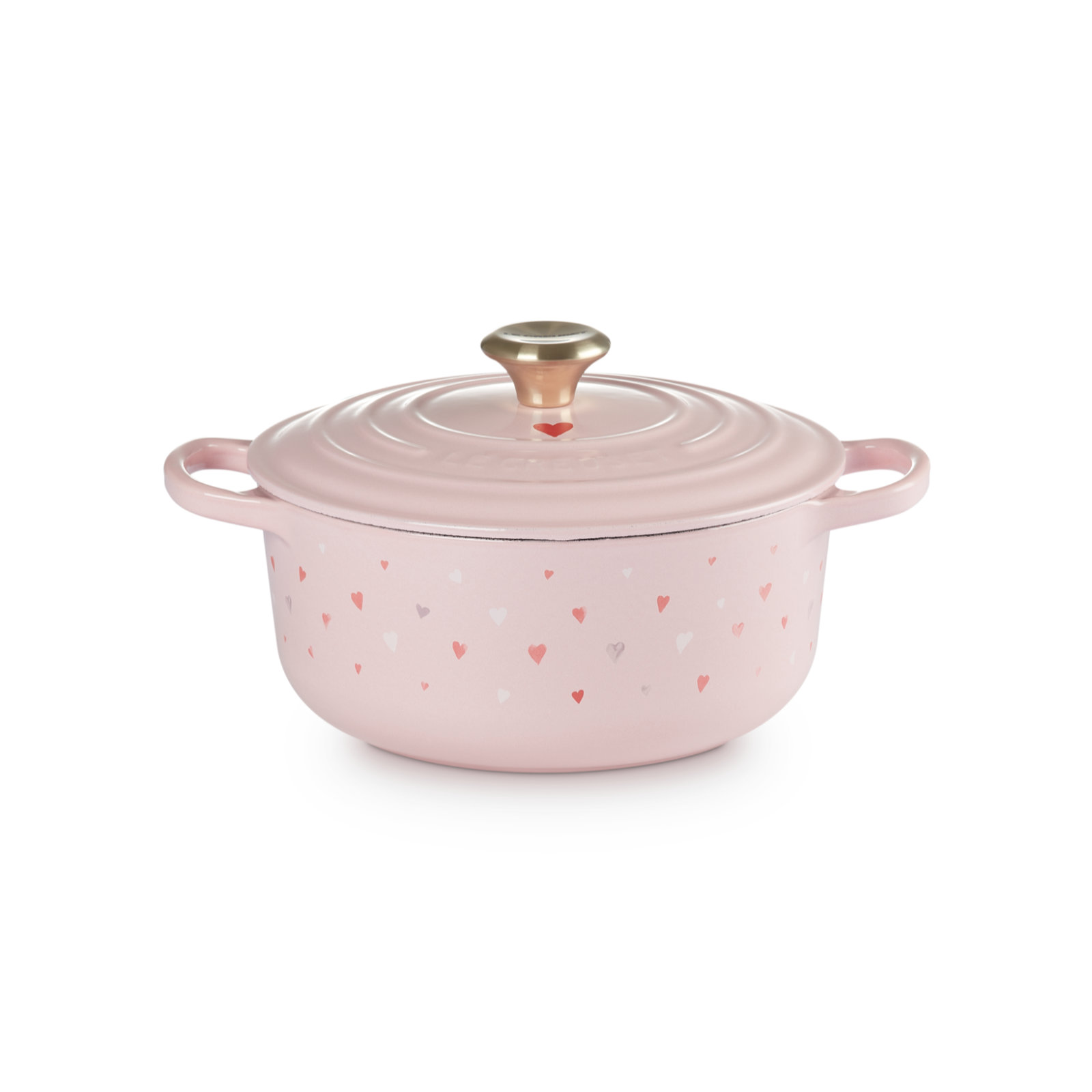 Round French Oven Hearts decal on Chiffon Pink 20cm Light Gold Knob
