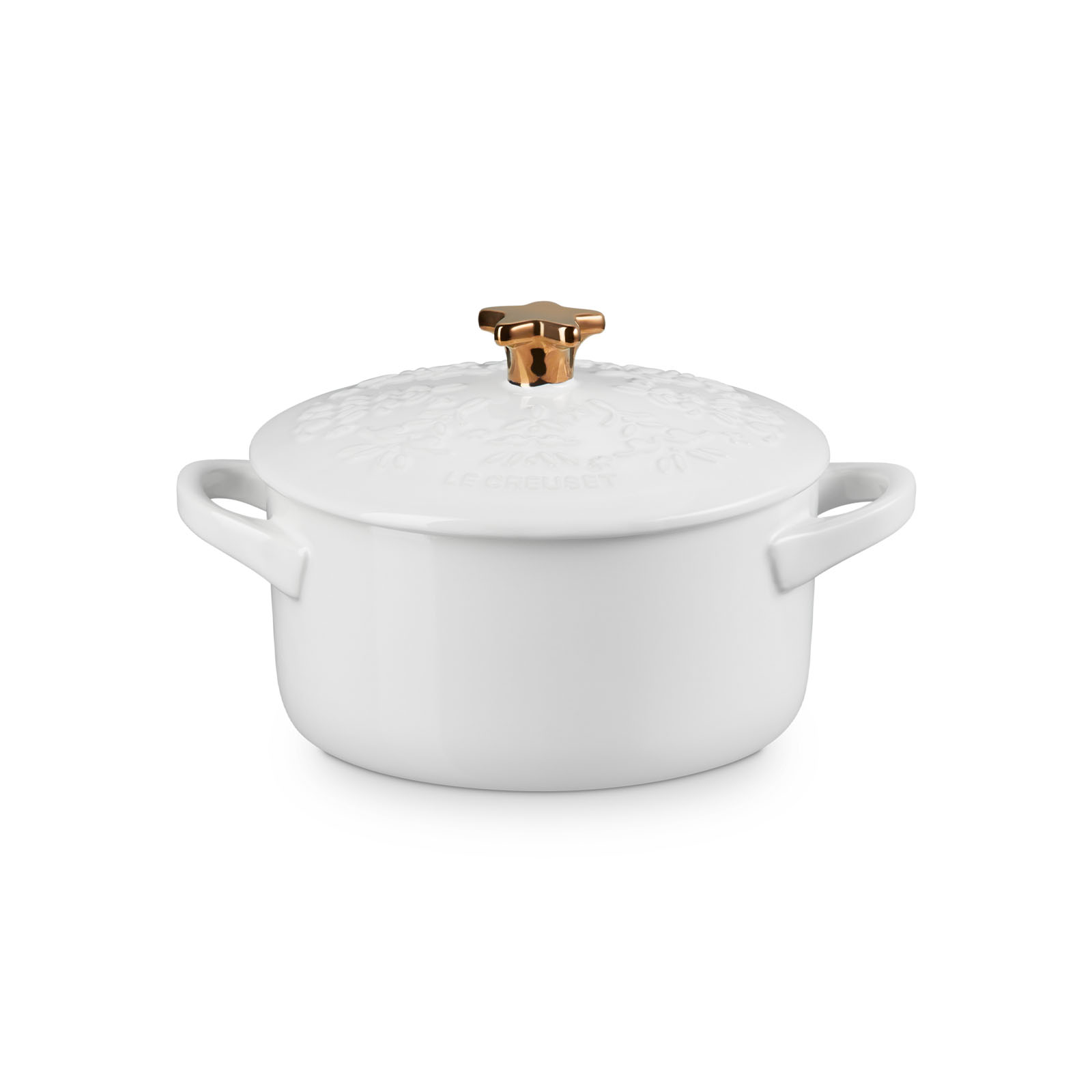 Mini Round Cocotte Tree Relief White 14cm Gold Star Knob
