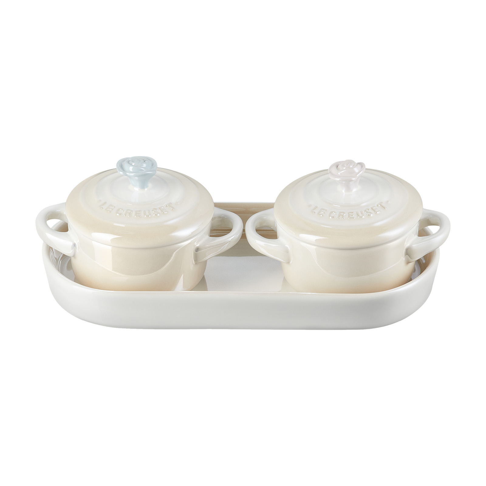 Set of 2 Mini Round Cocottes with Tray Pearlz Meringue 7cm