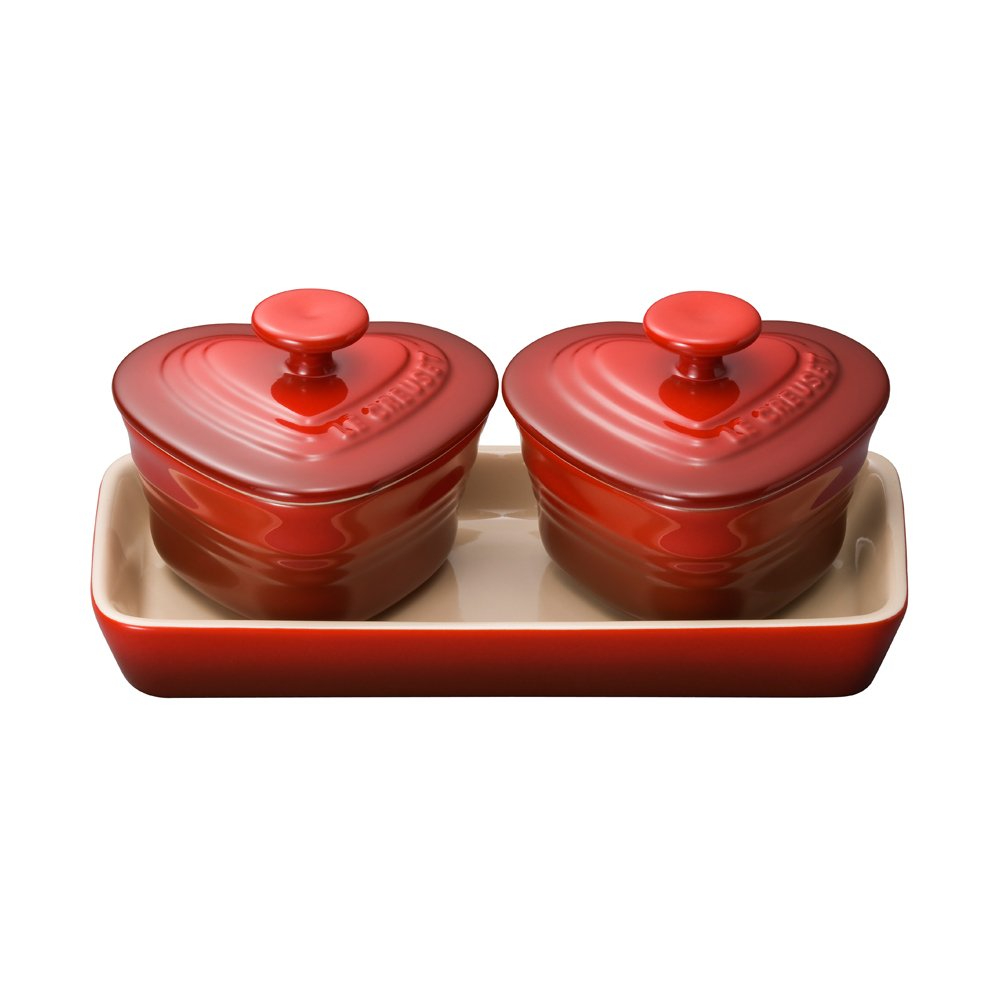 Set of 2 Mini Heart Ramekin with Tray Cerise