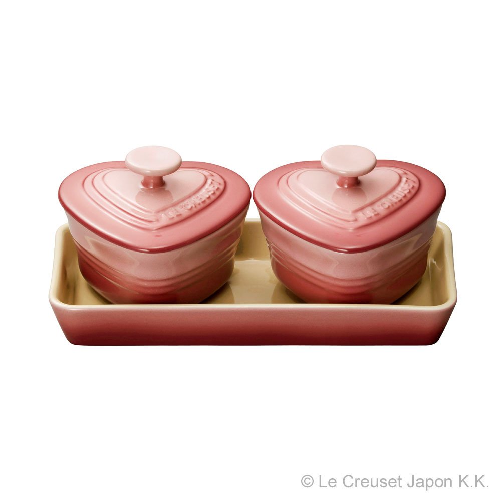 Set of 2 Mini Heart Stoneware Ramekin with Tray Rose Quartz