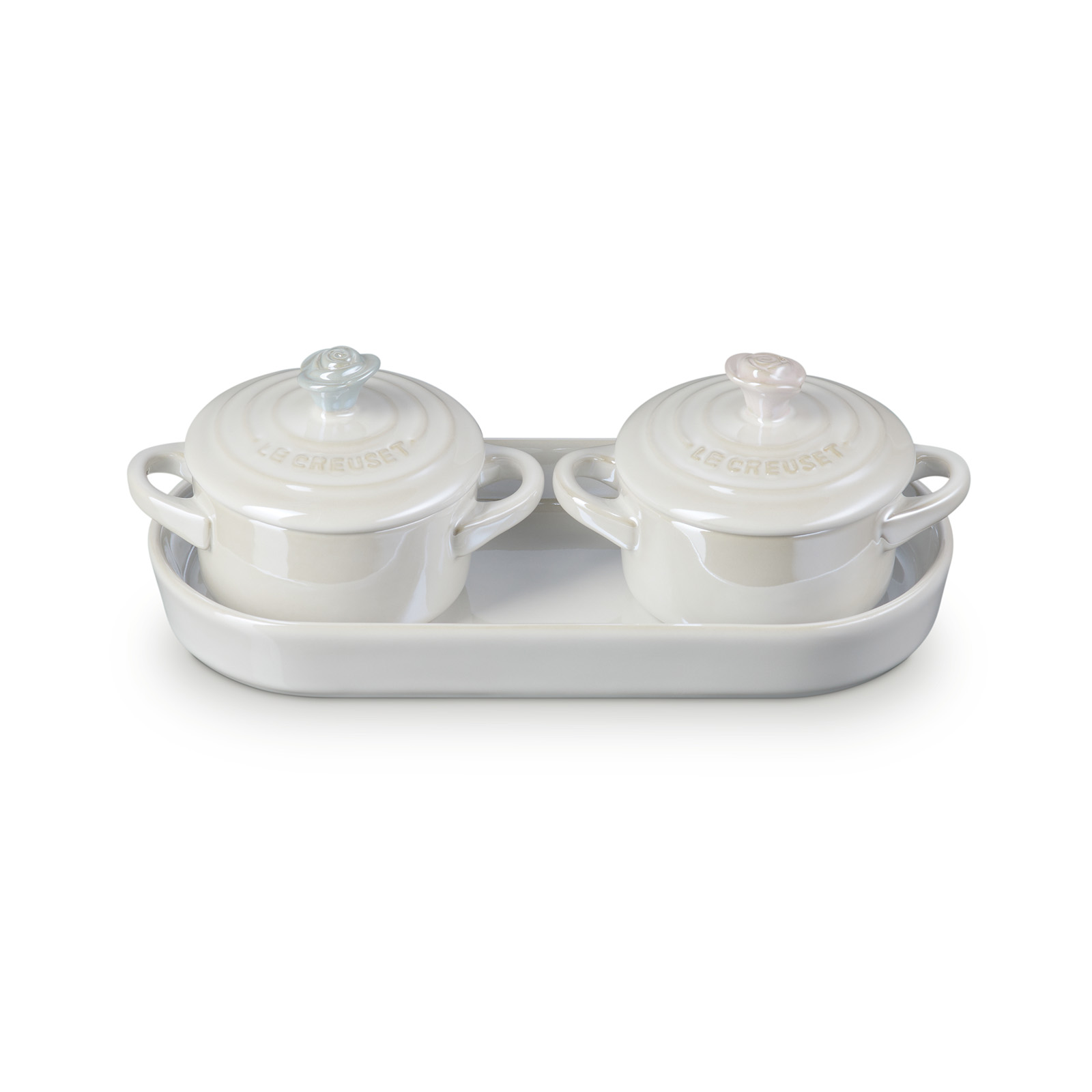 Set of 2 Mini Round Cocottes with Tray Pearlized White 7cm